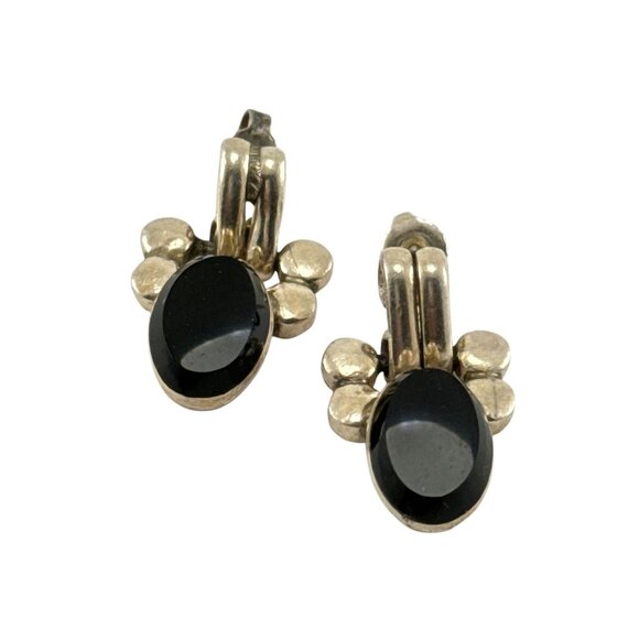 Vintage Mexican Sterling Silver Onyx Post Earrings Taxco Modernist Design - Picture 8 of 8